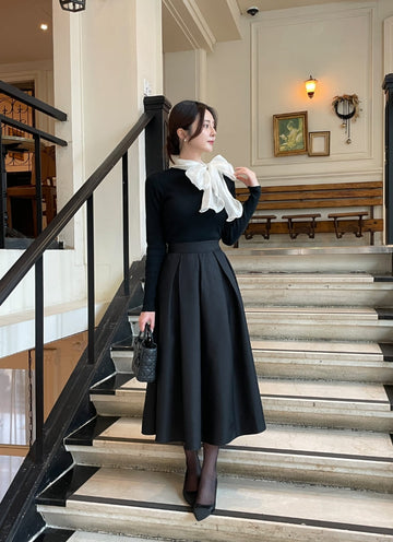 Mazren Jacquard Banding Pleat Long Skirt